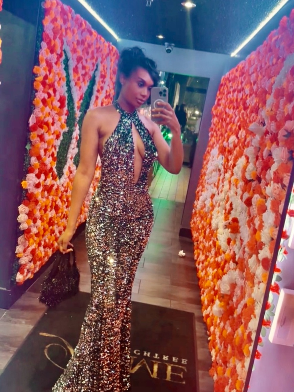 Sequin Halter Keyhole Evening Gown - Black/Silver